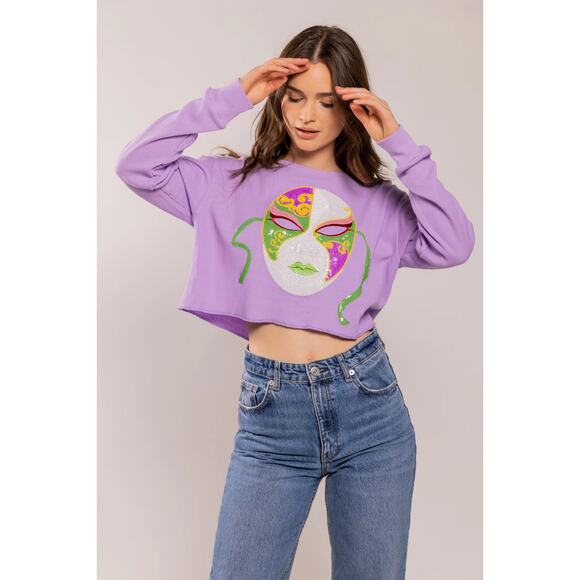 Sparkle City Sz S Mardi Gras Mask Waffle Top Purple Longsleeve - Excellent - Picture 1 of 7